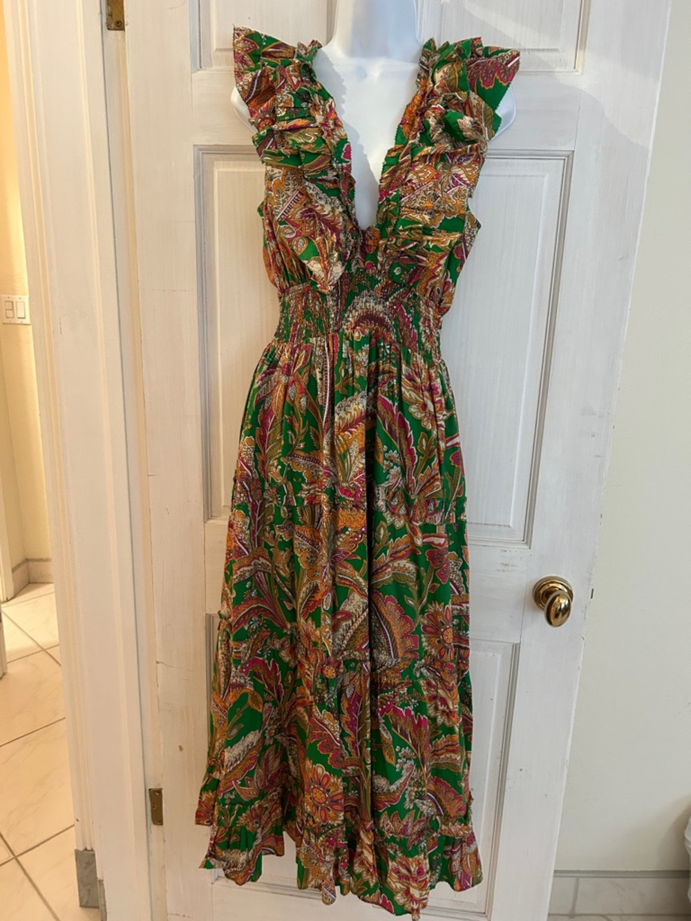 Green Floral Ruffle V-Neck Midi Dress